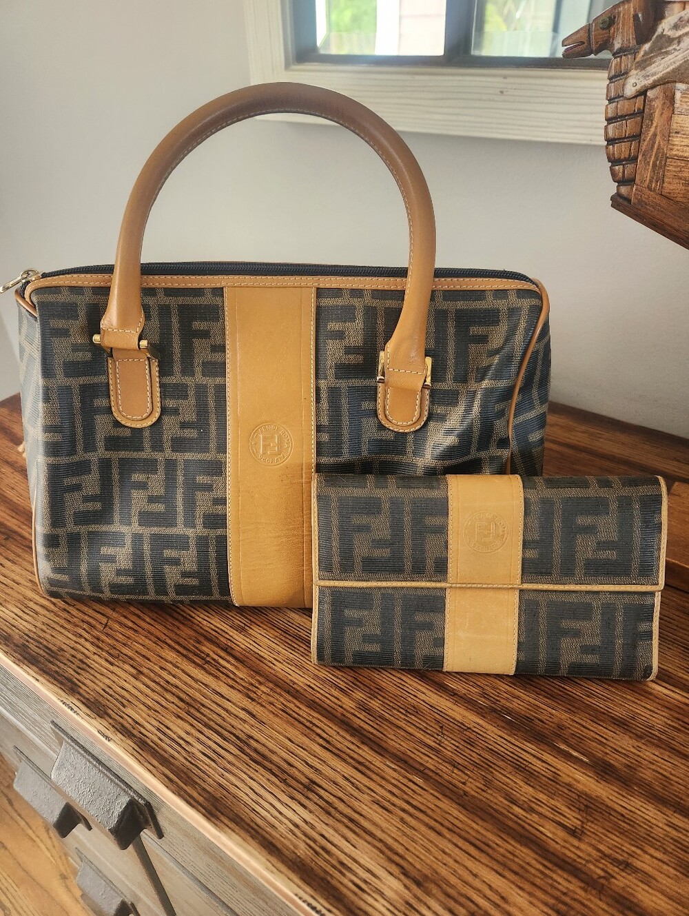 Fendi Brown & Tan Zucca Canvas Tote with Matching Wallet